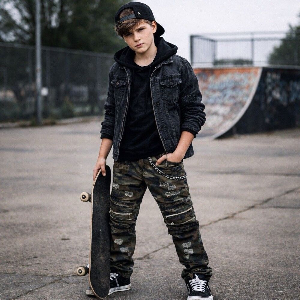 8IGHTH DSTRKT Camo Military Green Jeans Skater Denim Pants Stretch Adjust Zipper